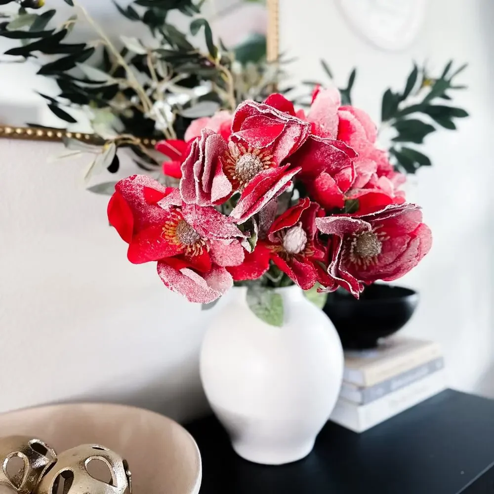 Snowy Frosted holiday red Magnolia Christmas stems Bundle artificial flowers